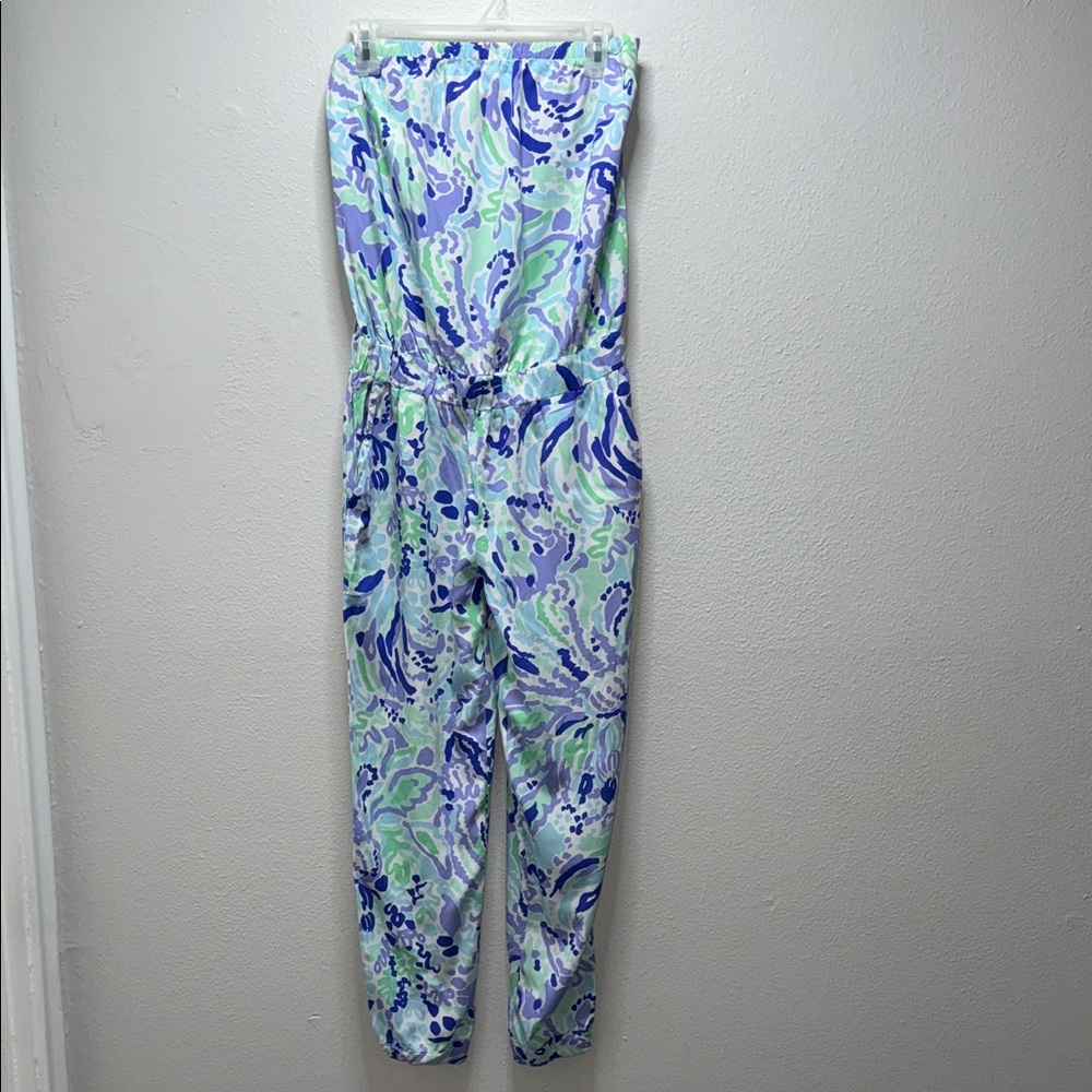 Lilly Pulitzer Strapless Floral Print Jumpsuit in Blue, Green & Purple